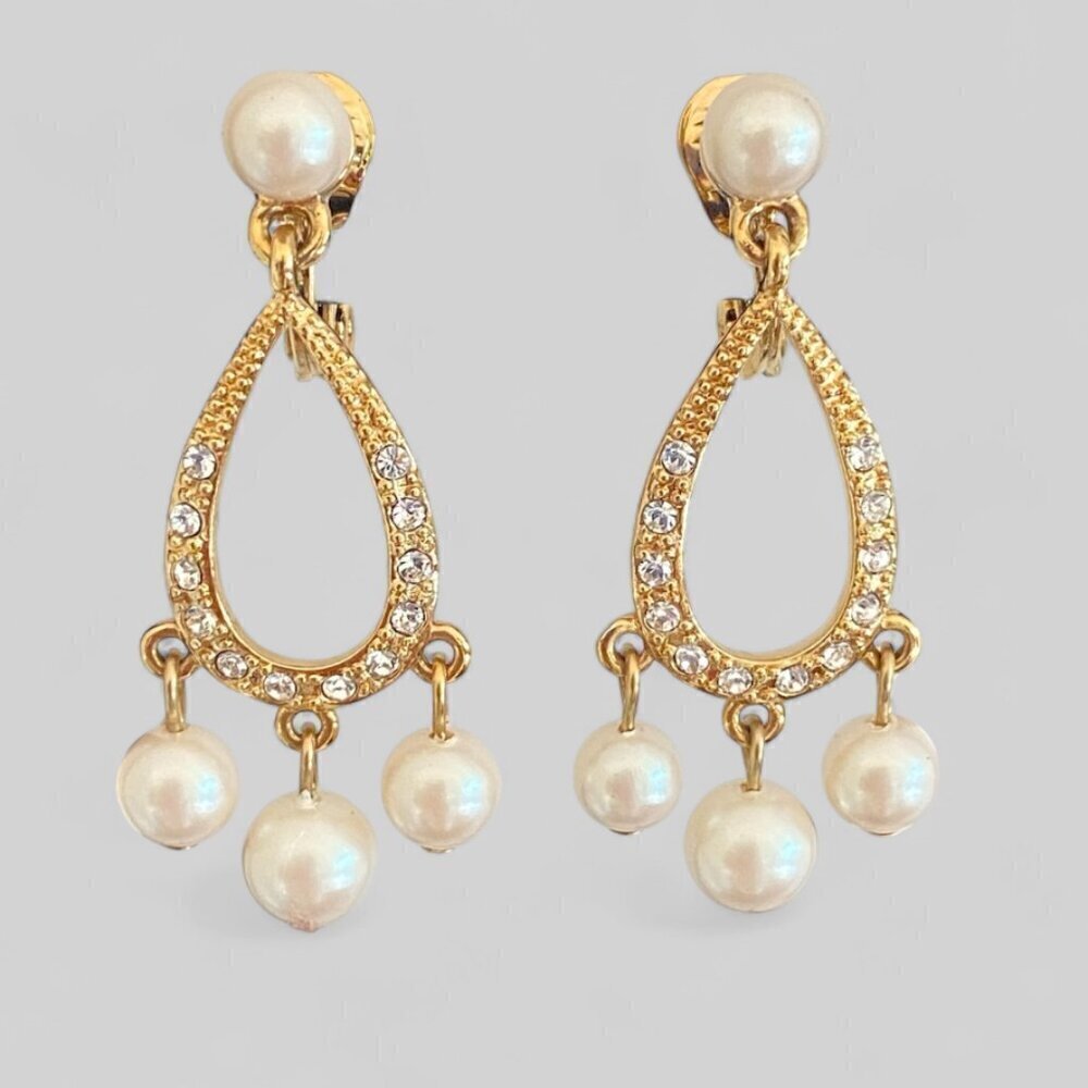 Monet Vintage Pearl Crystal Clip On Earrings